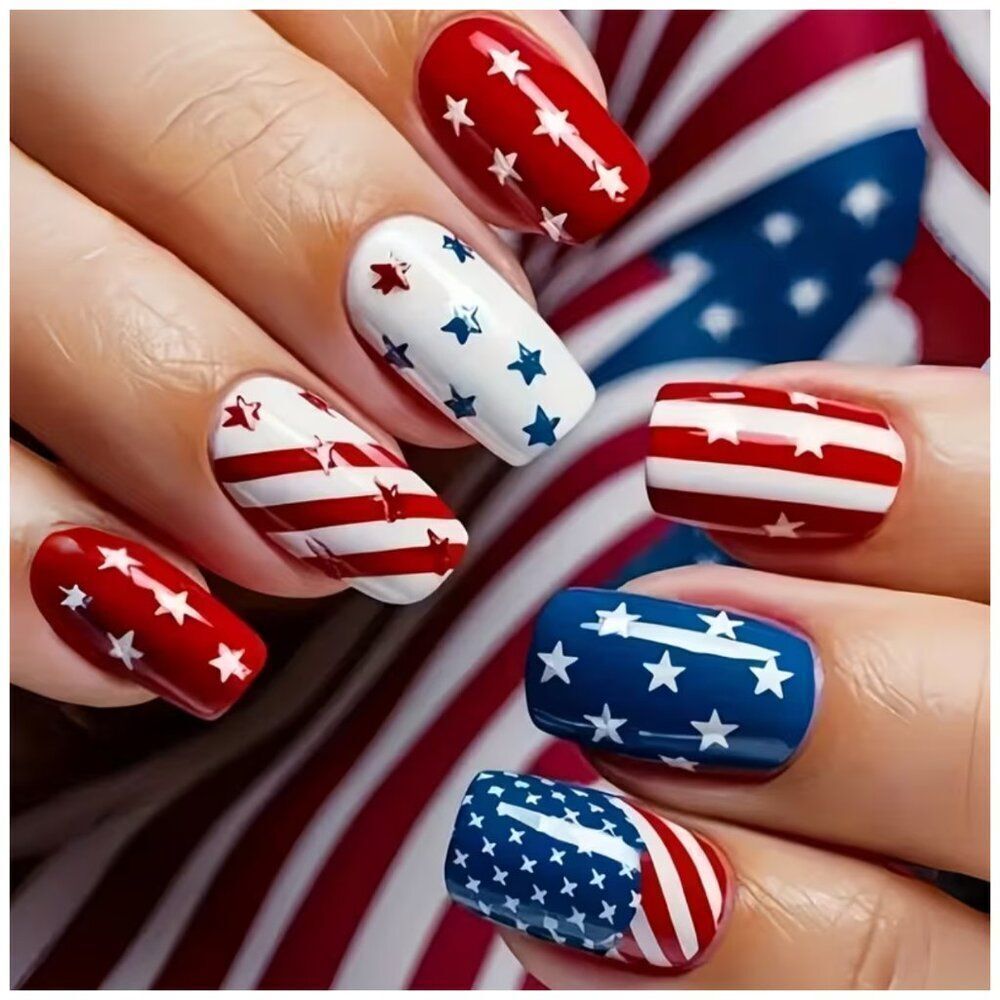 NWT 24pc 4th Of July Patriotic Press On Nails Red White Blue American Flag Stars